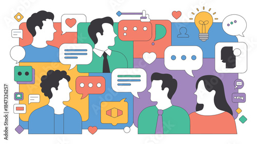 Line art illustration of people communicating with thought and speech bubbles and icons