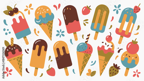 Many colorful ice creams and popsicles with fruits scattered around on a light white background