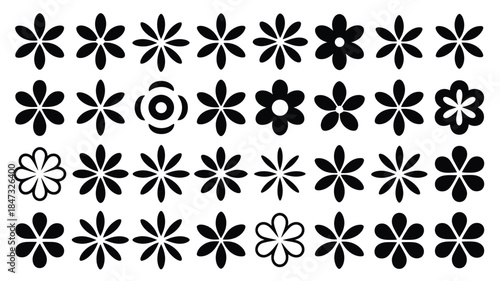 Many diverse black flower silhouette icons forming a structured grid on a plain white backdrop