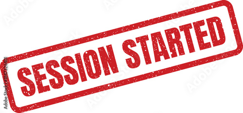 A grunge texture rubber stamp clearly announces the message SESSION STARTED indicating the commencement of an activity