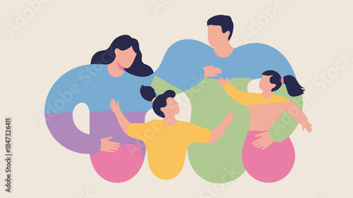 Modern colorful family illustration depicting parents and two children embracing with love and interaction