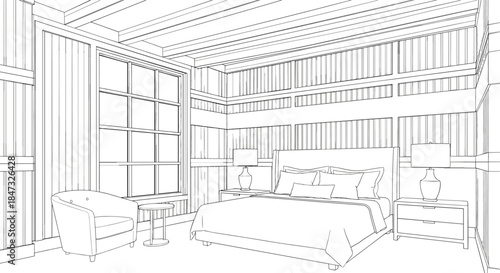 Detailed line art perspective of a cozy, luxurious bedroom interior featuring a large bed, stylish furniture, and large windows with wooden paneling