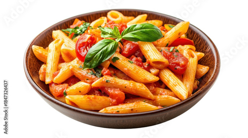 A plate of pasta with tomato sauce and basil. The pasta is long, and the sauce is red