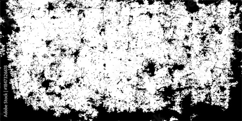 Abstract black and white grunge background featuring a textured ink splat pattern with a floral silhouette border and artistic paint spray splashes on a dirty paper banner vector illustration