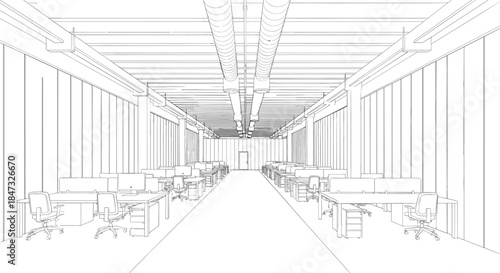 Detailed line art perspective of a large, modern open-plan office with multiple workstations, exposed ductwork, and abundant natural light