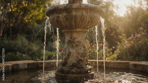 Stone fountain with water jets in garden