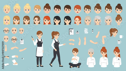 Cartoon female character constructor set for animation and design projects related to service jobs