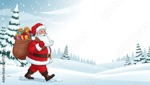 Cartoon Santa Claus walking in a winter landscape delivering Christmas gifts