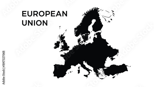 Vector illustration of Black and white silhouette map of europe with the text european union on a dark background inset