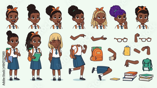 Cartoon set of diverse school girls in uniform with various poses and accessories