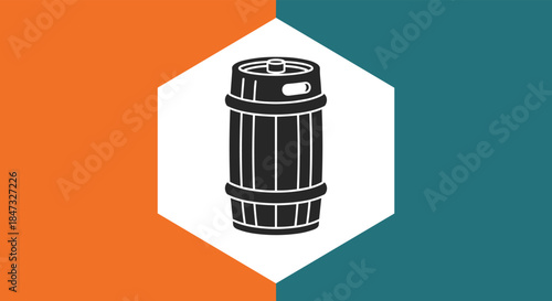 A bold black silhouette icon of a metal beer keg inside a white hexagon, set against a modern two-tone background.