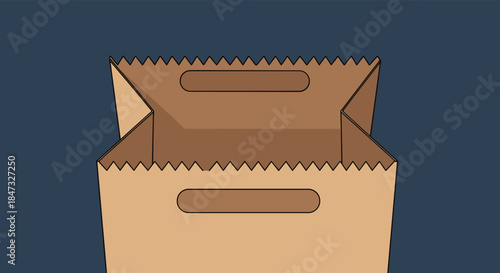 A unique perspective illustration looking down into the top opening of an empty brown paper bag with handles.