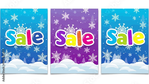 Colorful winter sale banners with snowflakes and snowdrifts for holiday promotion