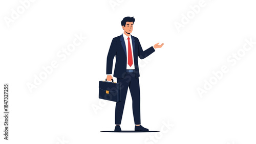 Confident businessman presents with briefcase in professional vector illustration