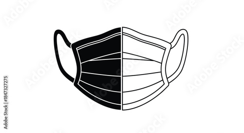 A stark, high-contrast illustration of a medical face mask, split down the middle with one half black and the other white.