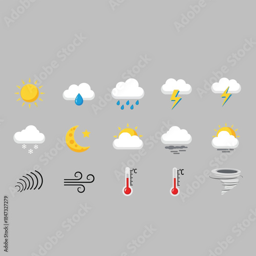 Comprehensive weather forecast icon set featuring vector symbols for sun, cloud, rain, snow, and lightning to illustrate meteorology climate conditions from sunny days to stormy temperature shifts