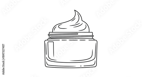 A simple black and white line art illustration of an open jar of cosmetic cream with a perfect swirl of product on top.