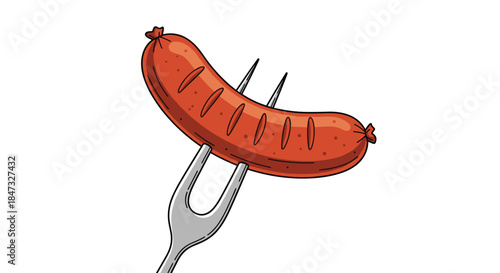 A delicious-looking cartoon illustration of a single grilled sausage with grill marks, neatly speared on a two-pronged fork.