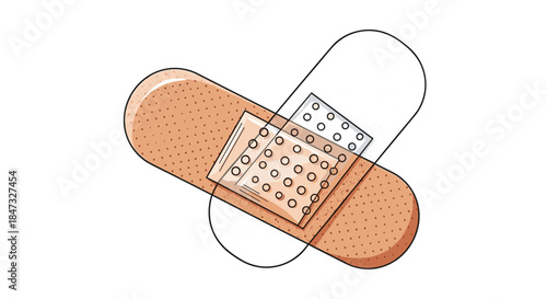 A hand-drawn illustration of two crossed adhesive bandages, one flesh-toned and one a simple outline, on a clean white background.