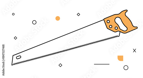 Minimalist line art illustration of a classic hand saw with an orange handle, surrounded by simple geometric shapes on a white background.