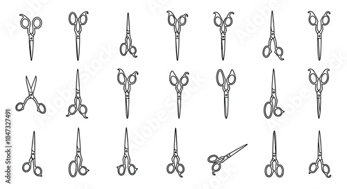 A comprehensive collection of various professional scissors, including barber and grooming shears, presented as a hand-drawn line art set.