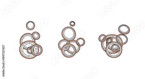 Three separate piles of crispy, battered onion rings shown in a hand-drawn illustration style with brown color accents on white.