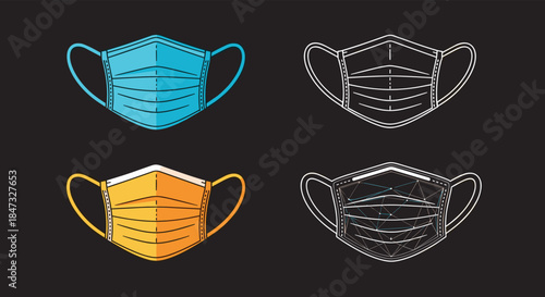 A set of four medical face mask illustrations on a black background, including blue and yellow versions and technical wireframe drawings.