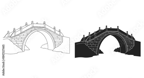 A classic arched stone bridge depicted in two styles, as a detailed line art drawing and a solid black silhouette illustration.