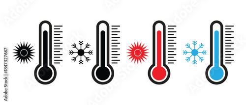 Set of hot and cold icon ,Thermometer and Temperature Icon Set – Hot and Cold Climate Symbols, Weather and Heat Control Vector Illustration