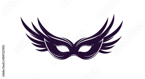 An elegant and mysterious masquerade mask with feathered wings, rendered in a dark purple brush stroke style for a carnival or party.
