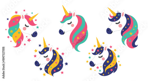 A cute collection of five cartoon unicorn heads with colorful manes and horns, surrounded by stars for a magical fairytale theme.