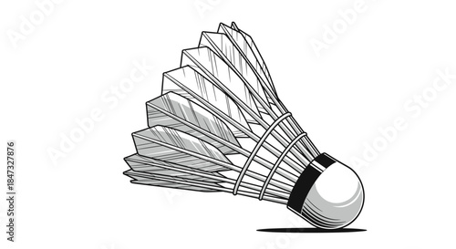 A highly detailed black and white illustration of a badminton shuttlecock with feathers, drawn in a classic engraving or woodcut style.