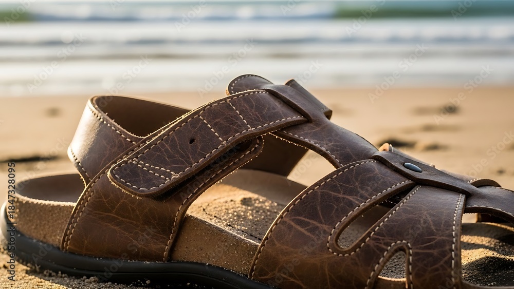 Naklejka premium Detailed View of a Brown Leather Sandal with Straps on a Sandy Beach Shoreline shoe footwear
