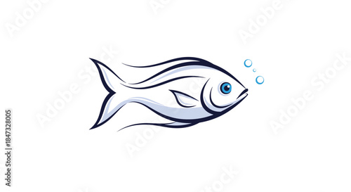 A stylized blue and white fish with bubbles coming from its mouth, illustrated in a simple brush stroke style for a seafood logo.