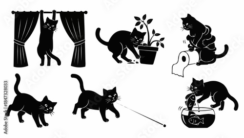Collection of playful black cat silhouettes engaged in various mischievous activities.