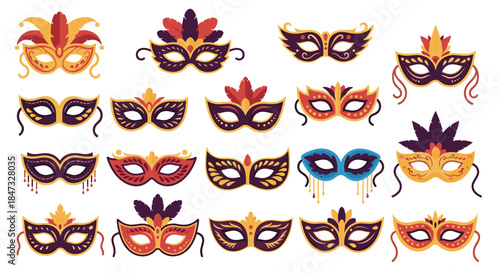 A large set of colorful and ornate Venetian-style carnival masks with feathers and ribbons, perfect for a Mardi Gras celebration.