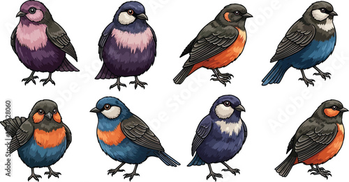 A cute cartoon vector illustration featuring a set of isolated wildlife birds and animals including a colorful owl, duck, puffin, and sparrow with detailed wings and beaks for nature zoo design