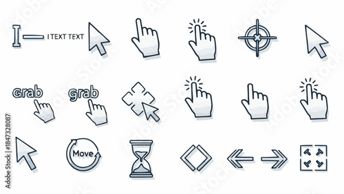 Collection of computer cursors and mouse pointers for digital interfaces.