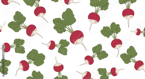 A seamless pattern of fresh red radishes with green leafy tops scattered across a white background, perfect for culinary textiles.