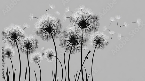 Wallpaper Mural Several dandelion seed heads are depicted in stark black and white against a light gray background with seeds dispersing in the breeze Torontodigital.ca