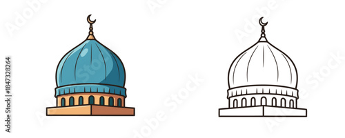 Vector illustration of an Islamic mosque dome in blue and beige with a crescent moon symbol on top in two styles a color drawing and a black outline design