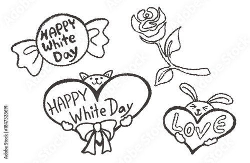 ホワイトデーのイラスト素材・ハートを持った猫とうさぎの手描きイラストとバラの花・線画のセット（モノクロ）