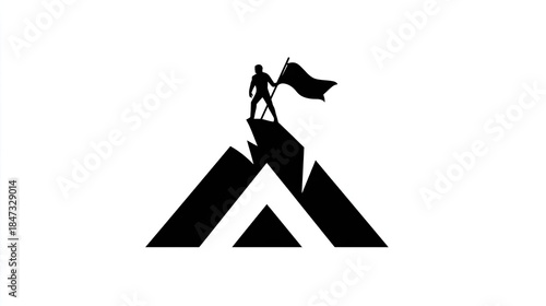 Silhouette of a triumphant person holding a flag atop a stylized mountain peak graphic