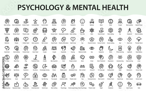 Psychology mental health awareness icons. Human mind emotions, therapy concepts, brain symbols, wellbeing care, stress relief and personal balance collection