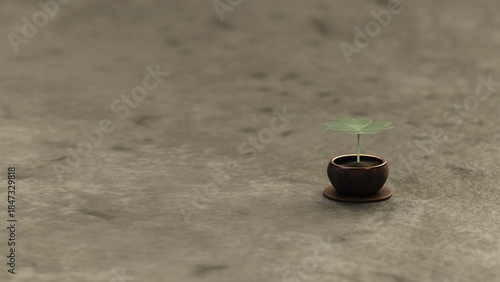 Minimal Clover in Wooden Pot on Light Warm Background