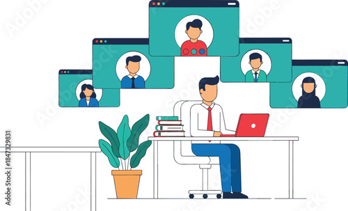 Remote worker on a laptop engaging in a virtual business meeting or video conference call with multiple diverse team members