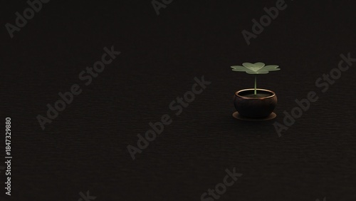 Four-Leaf Clover on Black Textured Background with Diagonal Shadows