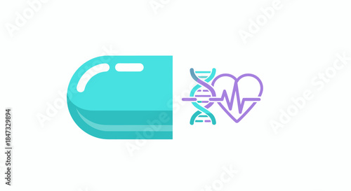Promising medical pill with DNA and heart symbols for innovative healthcare solutions and wellness, representing cutting-edge medicine and genetic research