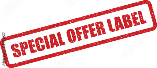 A red rectangular grunge rubber stamp with the text SPECIAL OFFER LABEL ideal for identifying promotional items and discounts