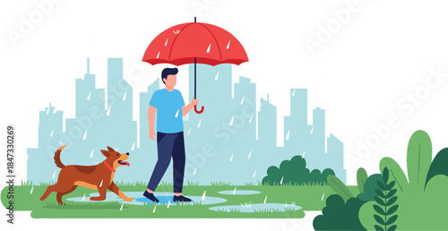 Man walking his happy brown dog in the rain under a red umbrella with a modern cityscape background, enjoying the outdoors